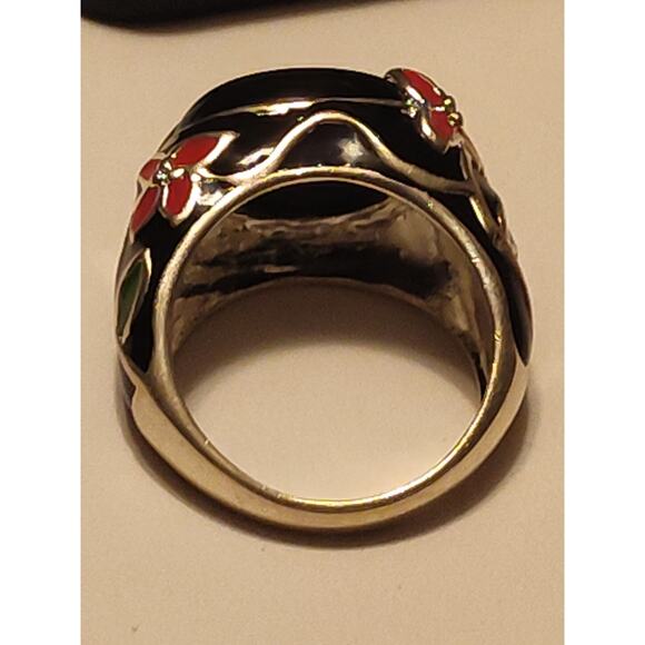 David Sigal Sterling Silver Dome Ring Size 8.5 Onyx & Red Green Enamel Floral - Picture 5 of 5